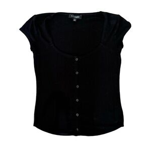 Intermix Black Ribbed Henley Tee Short Sleeve Button Top Y2K Style Cottagecore
